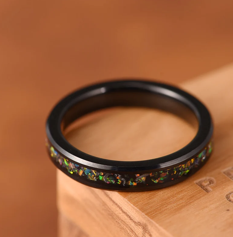 Black Tungsten Crushed Opal Rounded Women's Wedding Band 4MM - PRISTINE RINGS