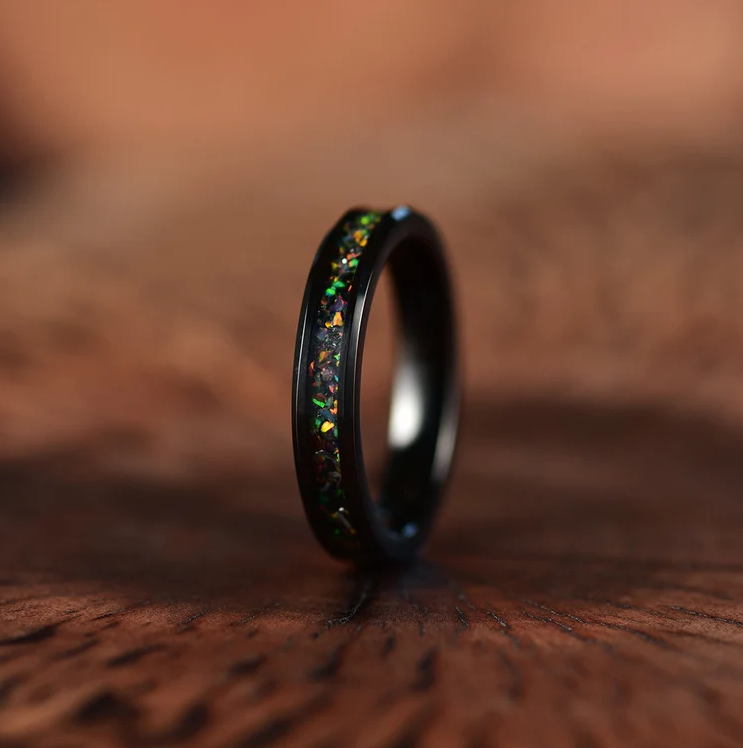 Black Tungsten Crushed Opal Rounded Women's Wedding Band 4MM - PRISTINE RINGS