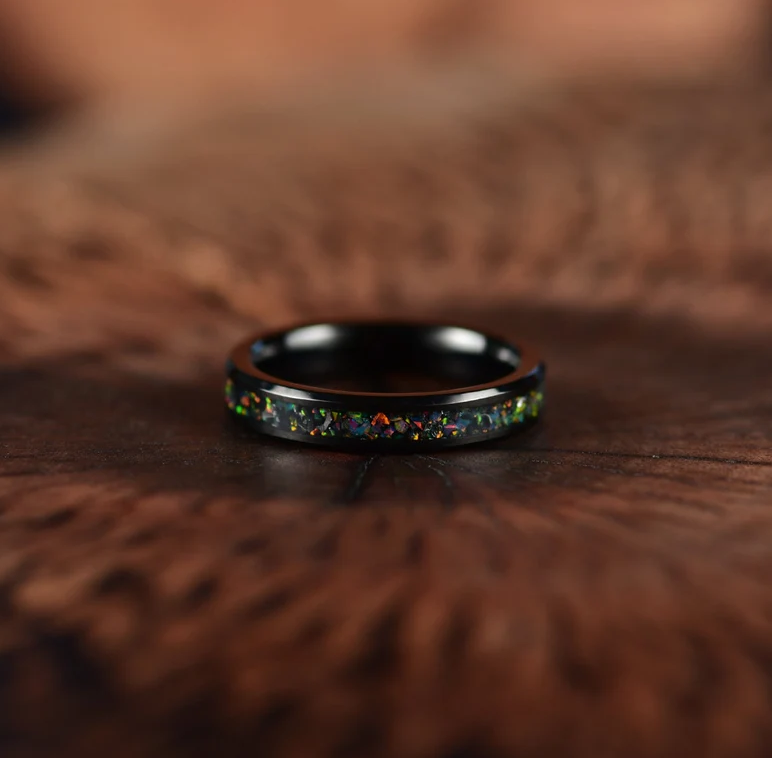Black Tungsten Crushed Opal Rounded Women's Wedding Band 4MM - PRISTINE RINGS