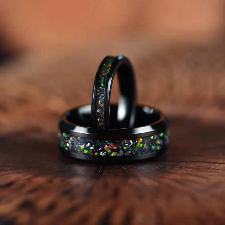 Black Tungsten Crushed Opal Rounded Women's Wedding Band 4MM - PRISTINE RINGS