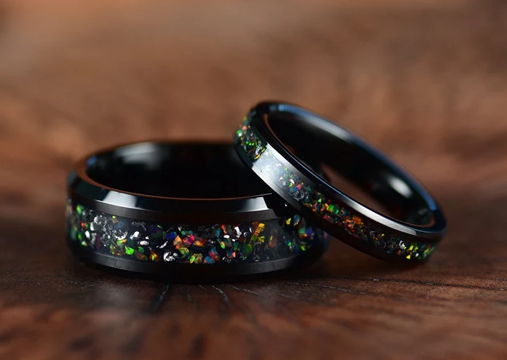 Black Tungsten Crushed Opal Rounded Women's Wedding Band 4MM - PRISTINE RINGS