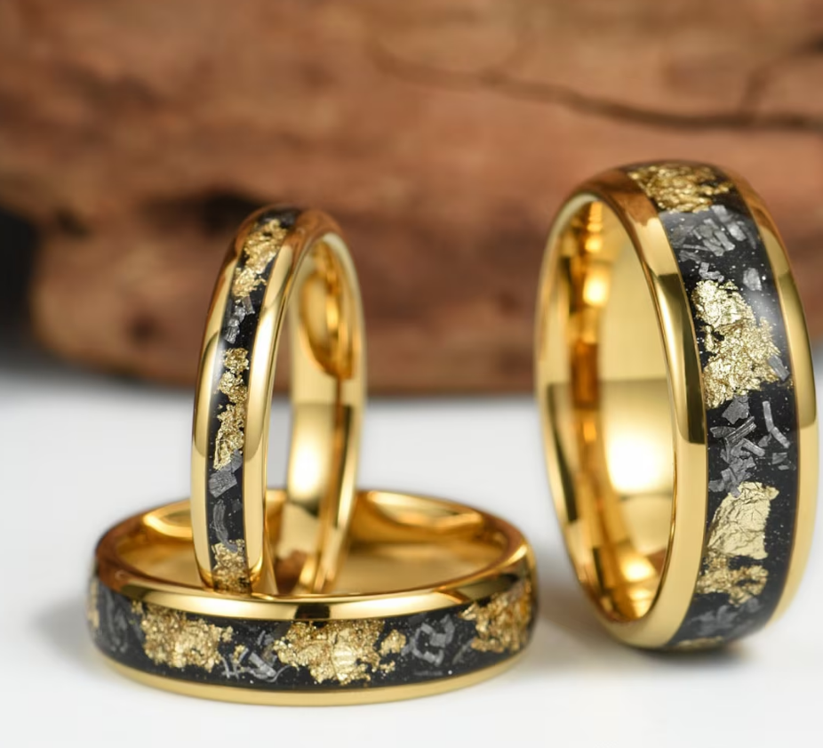 Meteorite Wedding Ring Gold Tungsten with Gold Leaf, Couples Matching Rings, 4mm 6mm 8mm widths, Certificate of Authenticity for Meteorite