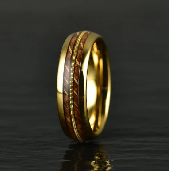 Whiskey Barrel Guitar String Yellow Tungsten Women's Wedding Band 4MM