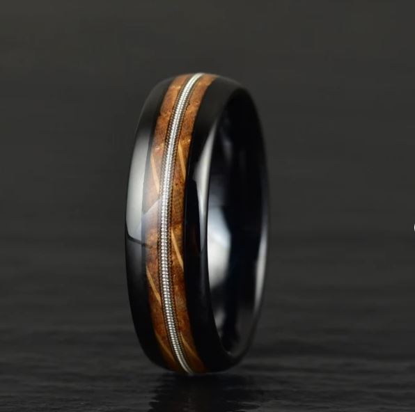 Whiskey Barrel Wood Guitar String Black Tungsten Women's Wedding Band 6MM