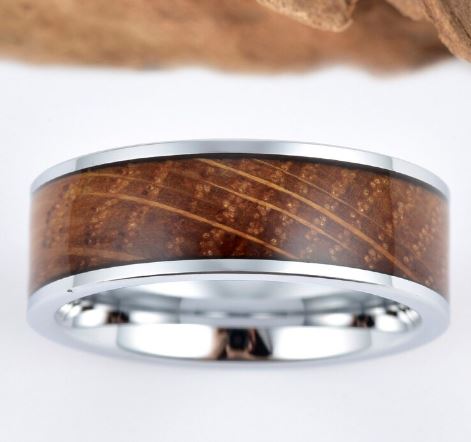 Whiskey Barrel Tungsten White Oak Wood Polish Finish Men's Wedding Band - PRISTINE RINGS