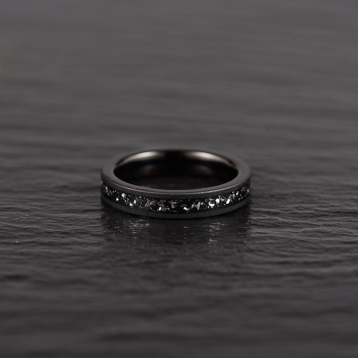 The Black Meteorite Ring - Tungsten Muonionalusta Meteorite Sandblasted Women's Wedding Band 4MM - PRISTINE RINGS