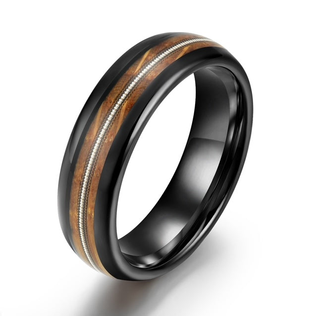 Whiskey Barrel Wood Guitar String Black Tungsten Women's Wedding Band 6MM