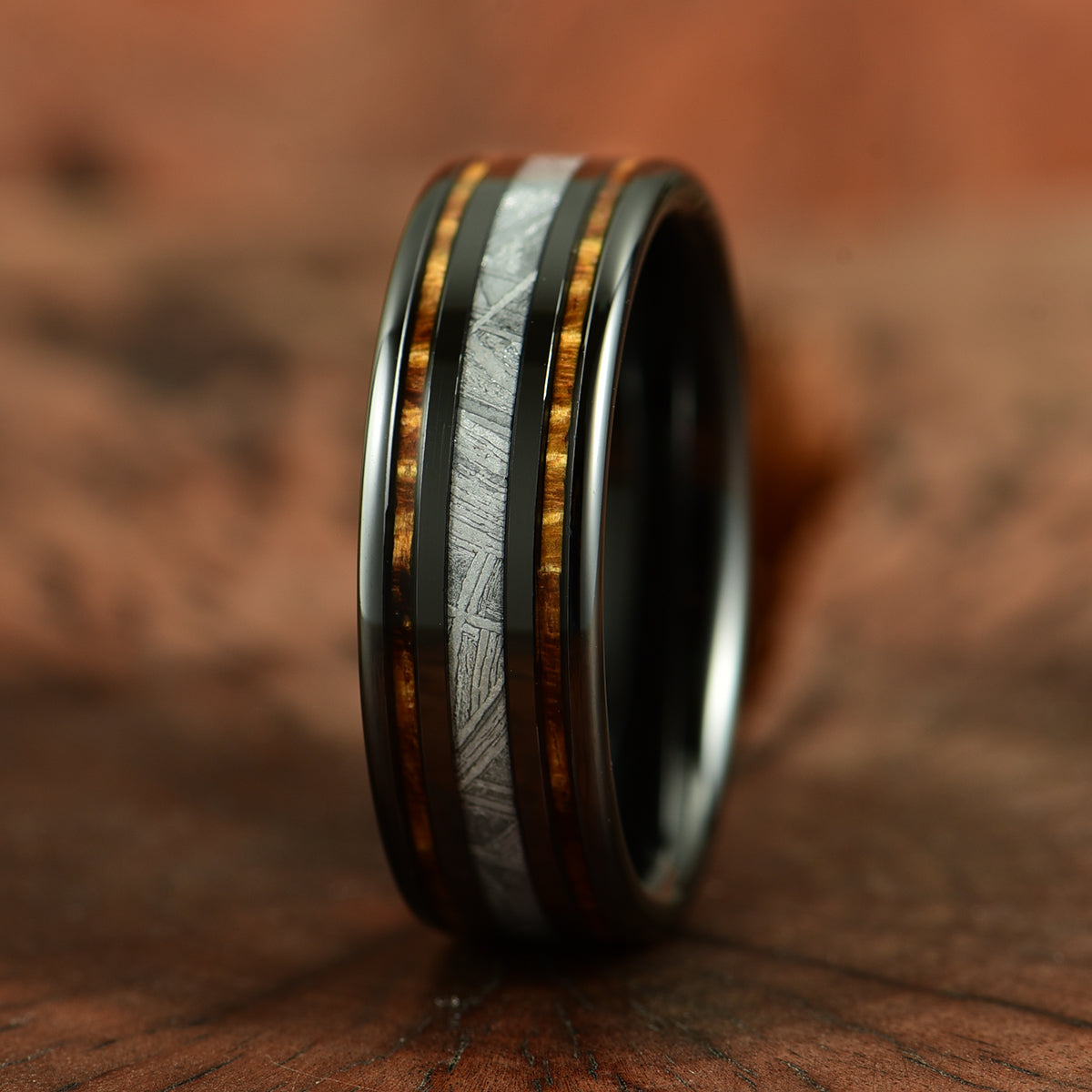 Hawaiian Koa Wood & Meteorite Black Tungsten Mens Wedding Band 8MM