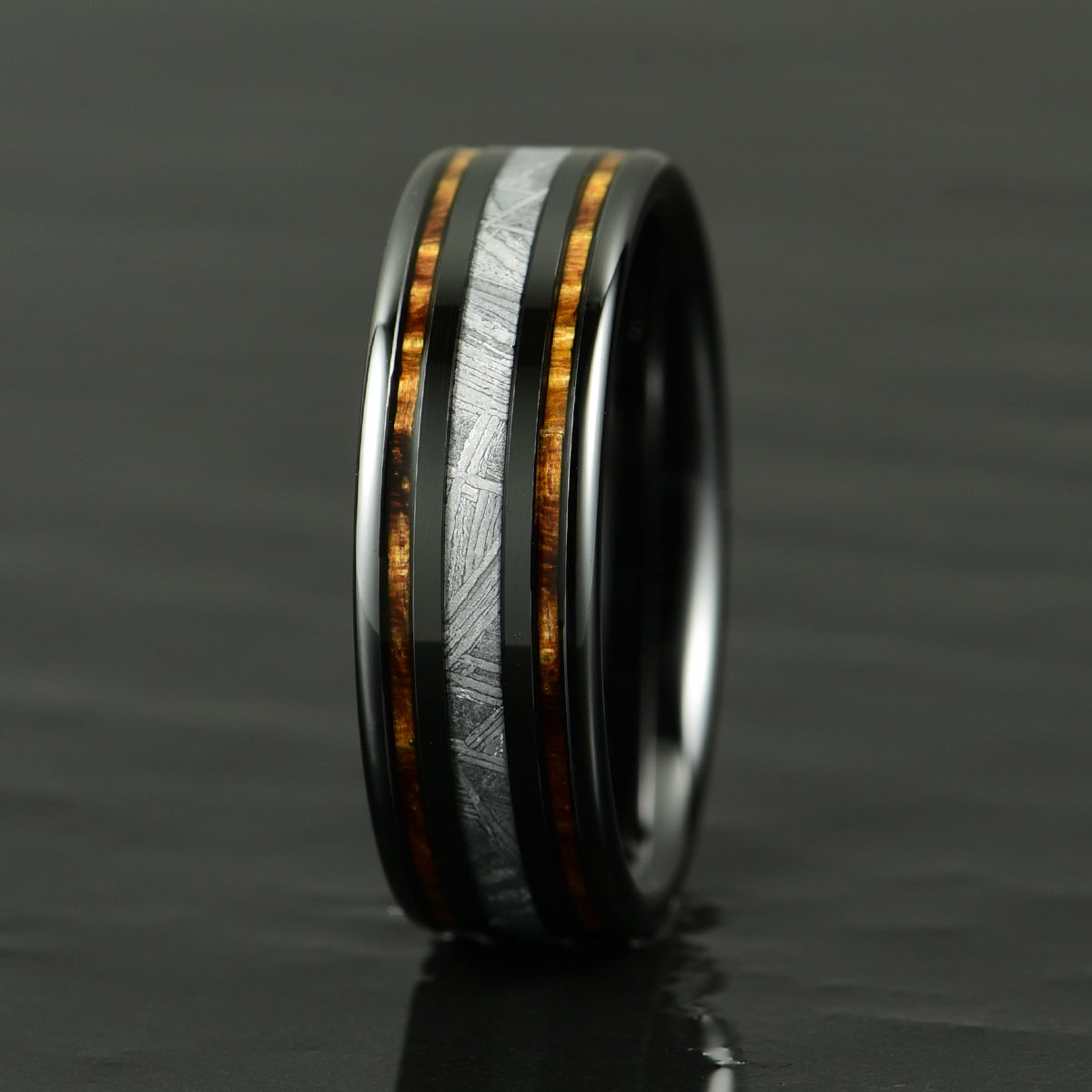 Hawaiian Koa Wood & Meteorite Black Tungsten Mens Wedding Band 8MM