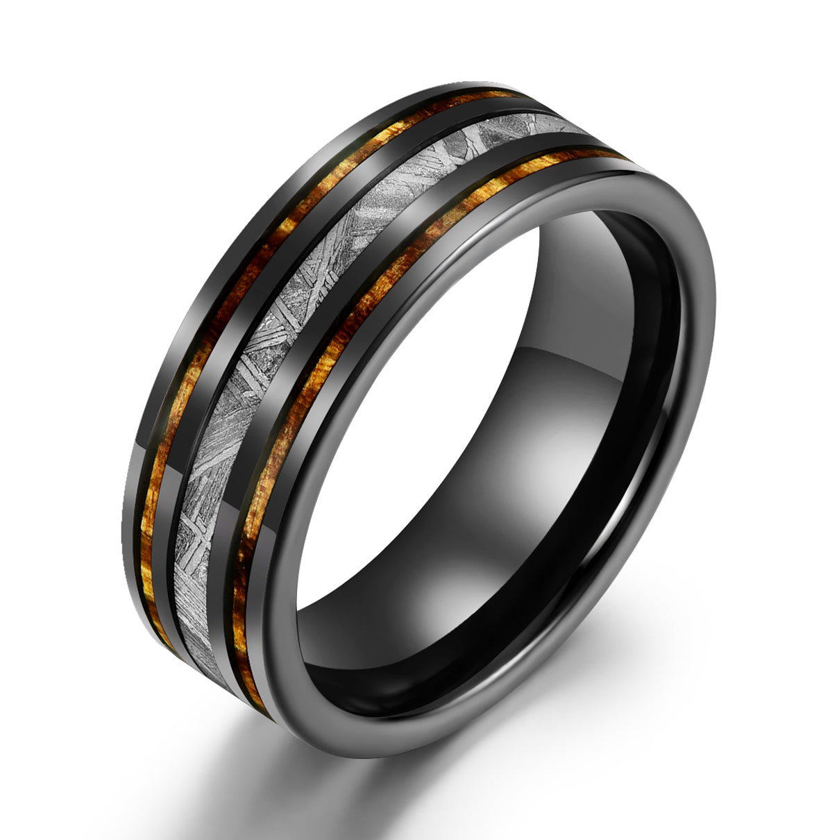 Hawaiian Koa Wood & Meteorite Black Tungsten Mens Wedding Band 8MM