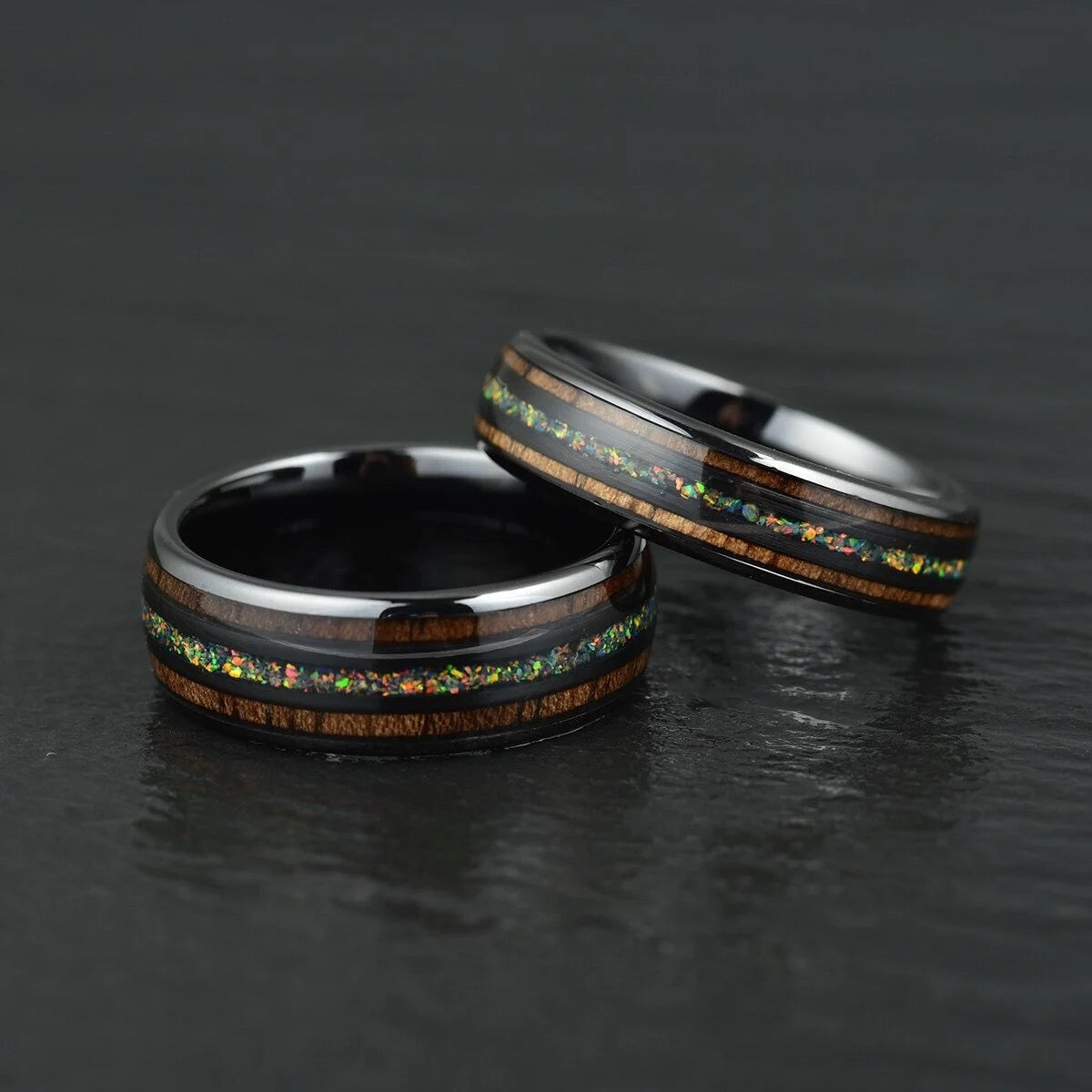 The Opalescence Ring - Opal Koa Wood Black Ceramic Couples Wedding Band Set