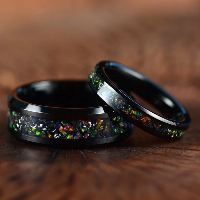 Aurora Flame Ring - Black Tungsten Crushed Opal Women's Wedding Band 4MM