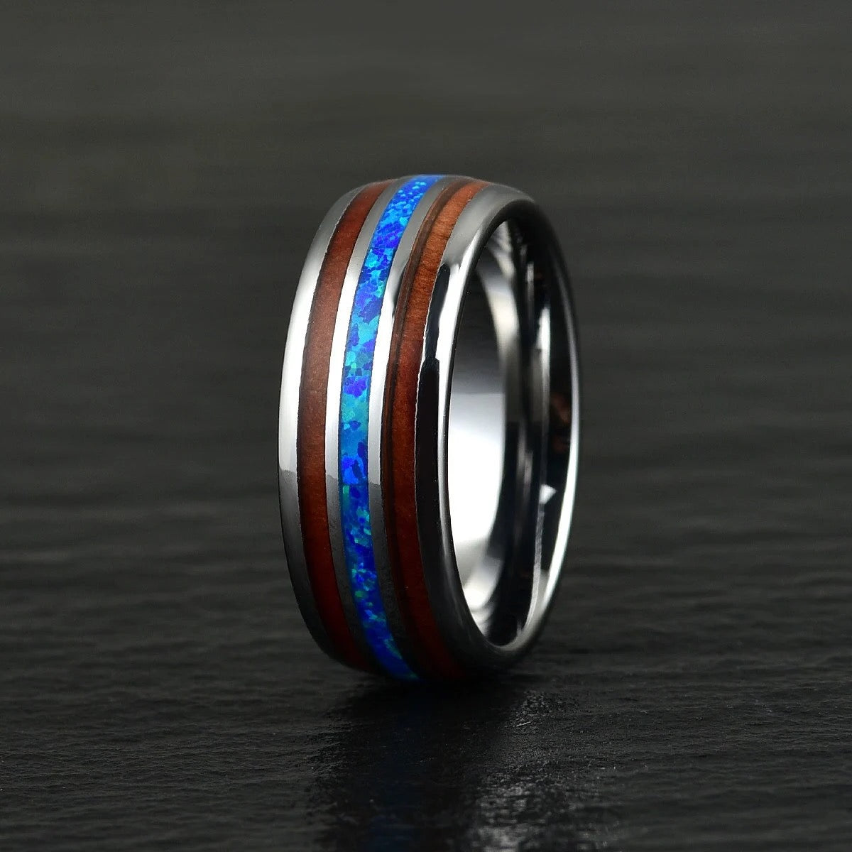 The Opalescence Ring - Grey Tungsten Koa Wood Blue Opal Women's Wedding Band 4MM - PRISTINE RINGS
