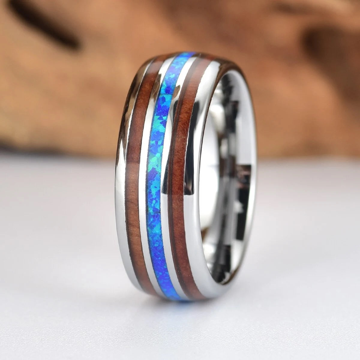 The Opalescence Ring - Grey Tungsten Koa Wood Blue Opal Women's Wedding Band 4MM
