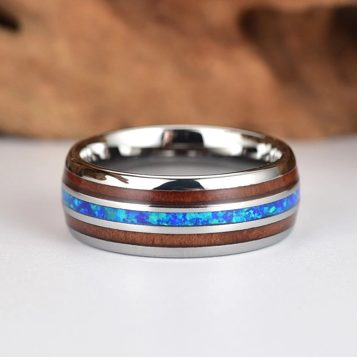 The Opalescence Ring - Grey Tungsten Koa Wood Blue Opal Women's Wedding Band 4MM