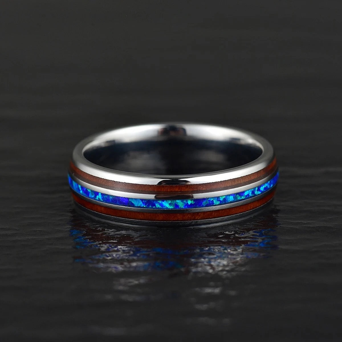 The Opalescence Ring - Grey Tungsten Koa Wood Blue Opal Men's Wedding Band 8MM