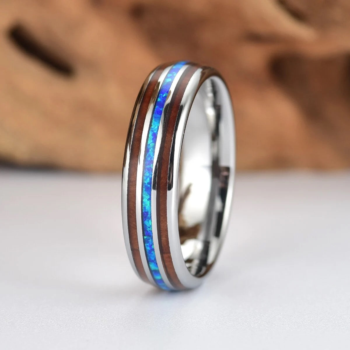 The Opalescence Ring - Grey Tungsten Koa Wood Blue Opal Men's Wedding Band 8MM