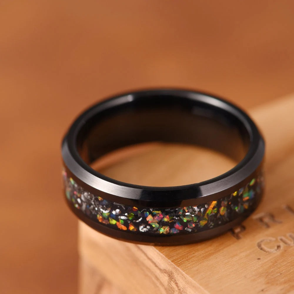 Aurora Flame Ring - Black Tungsten Crushed Opal Women's Wedding Band 4MM