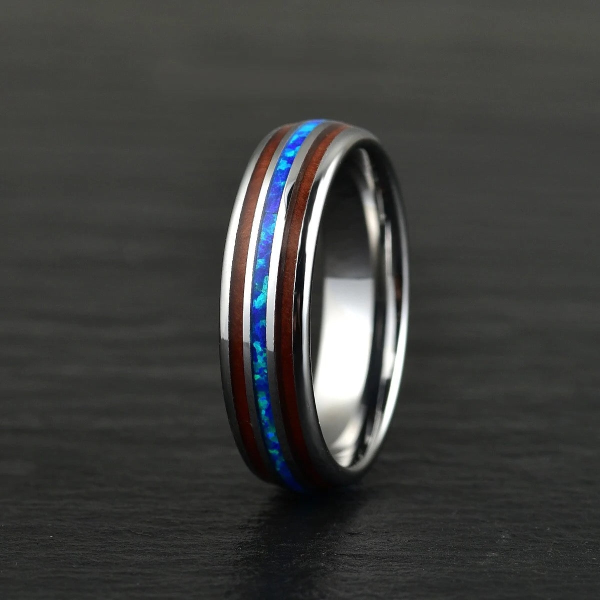 The Opalescence Ring - Grey Tungsten Koa Wood Blue Opal Men's Wedding Band 8MM