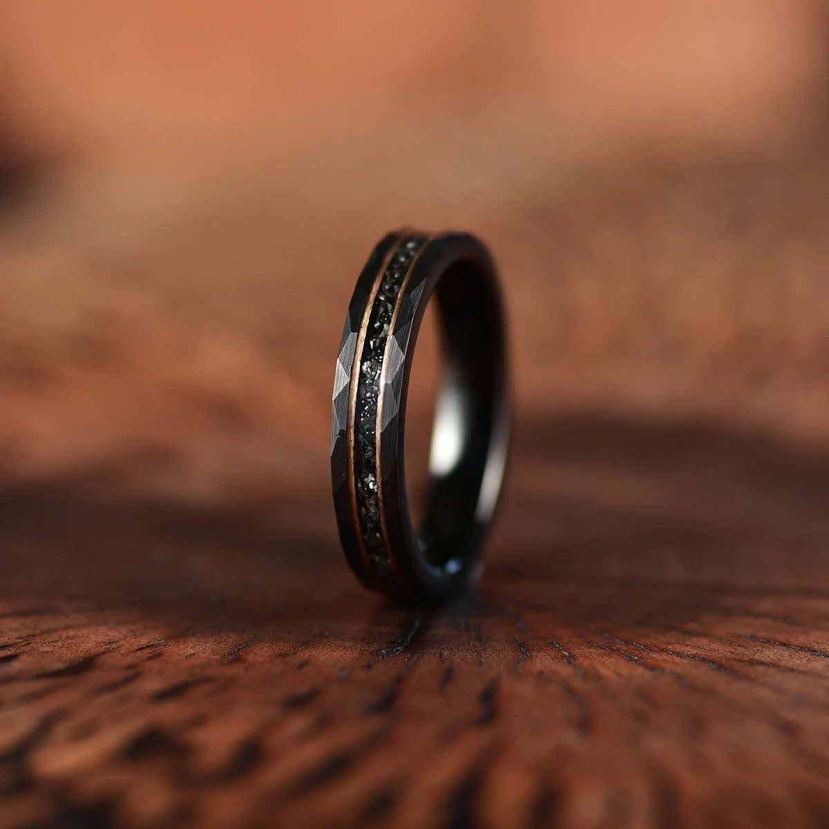 The Goliath Ring - Black Hammered Tungsten Meteorite Women's Wedding Band 4MM - PRISTINE RINGS