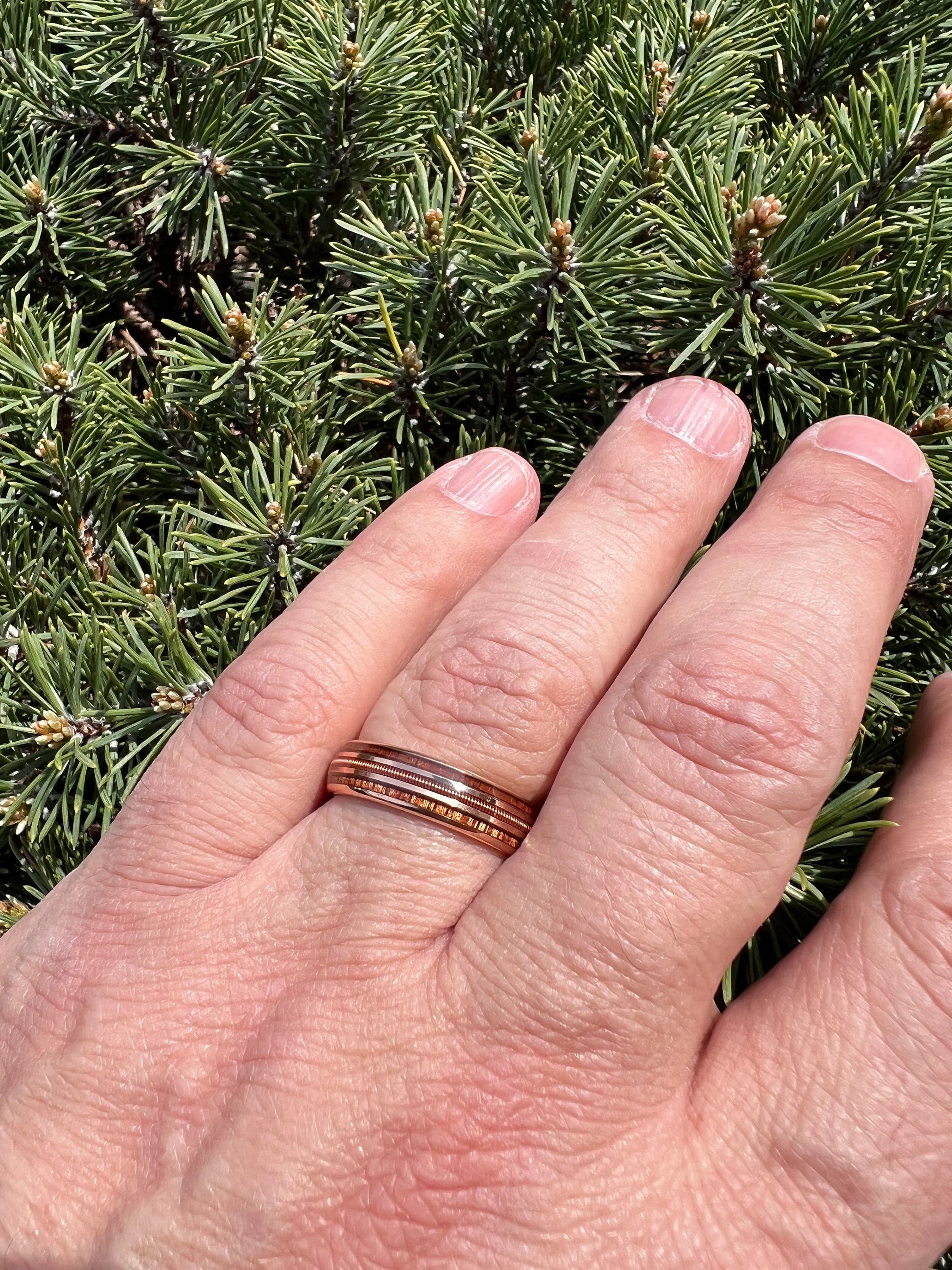 The Apollo Ring - Whiskey Barrel Wood Guitar String Rose Tungsten Men's Wedding Band 8MM