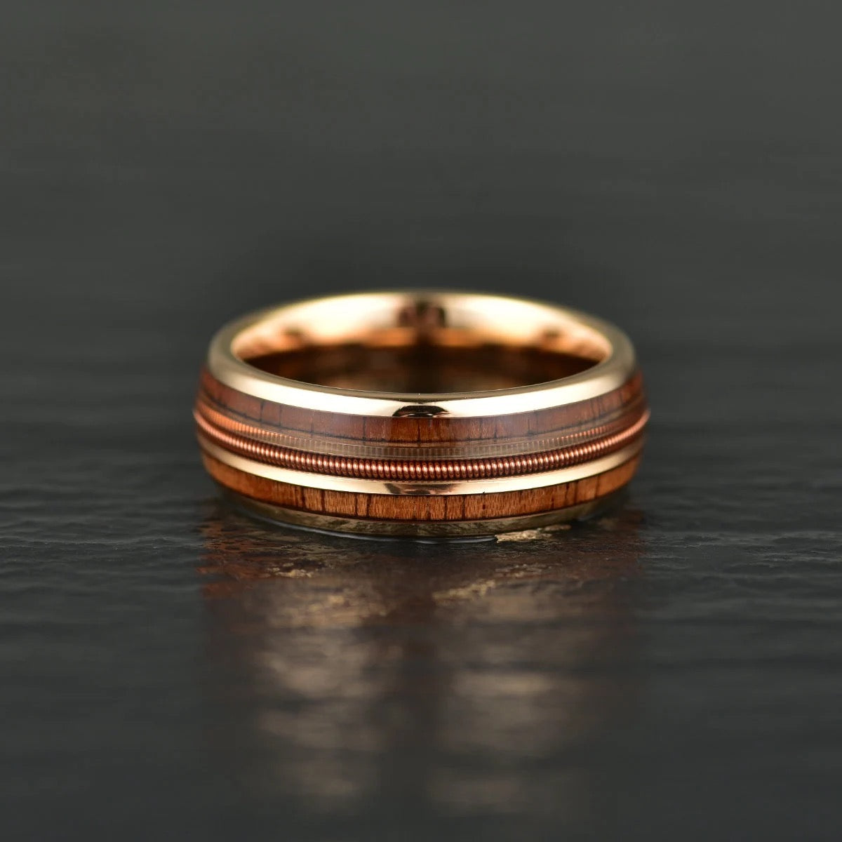 The Apollo Ring - Whiskey Barrel Wood Guitar String Rose Tungsten Men's Wedding Band 4MM