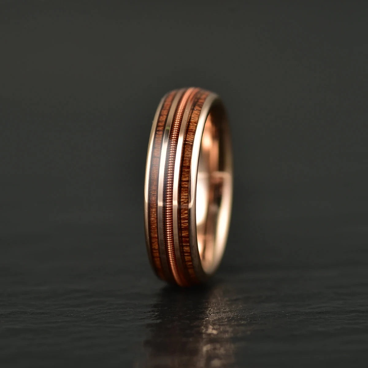 The Apollo Ring - Whiskey Barrel Wood Guitar String Rose Tungsten Men's Wedding Band 8MM