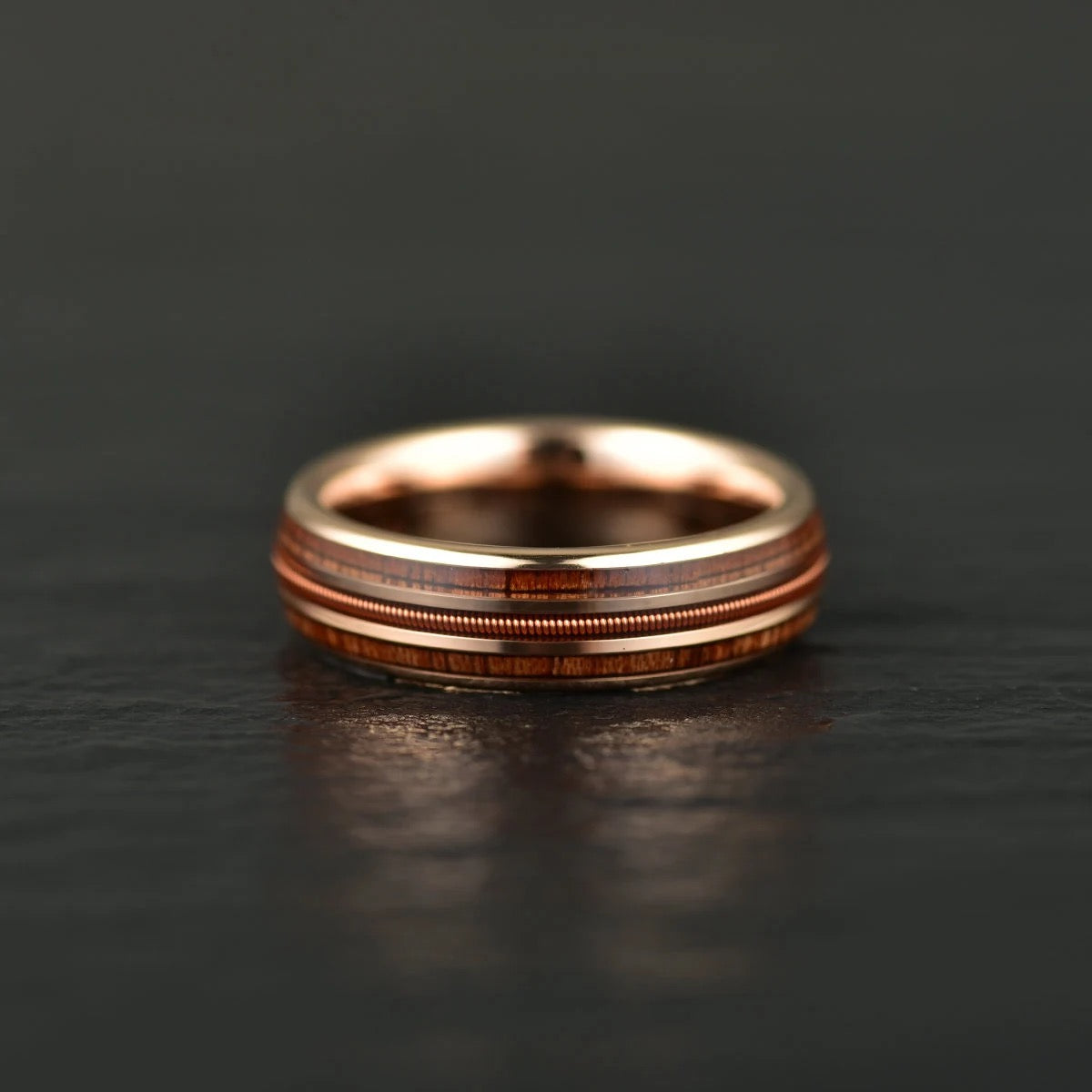 The Apollo Ring - Whiskey Barrel Wood Guitar String Rose Tungsten Men's Wedding Band 8MM