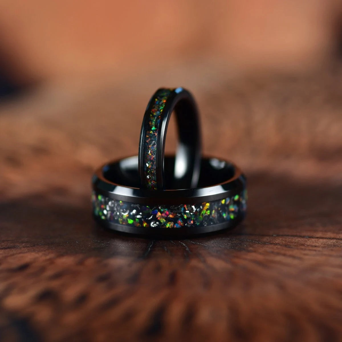 Aurora Flame Ring Set - Black Tungsten Crushed Opal Couples Wedding Band Set - PRISTINE RINGS