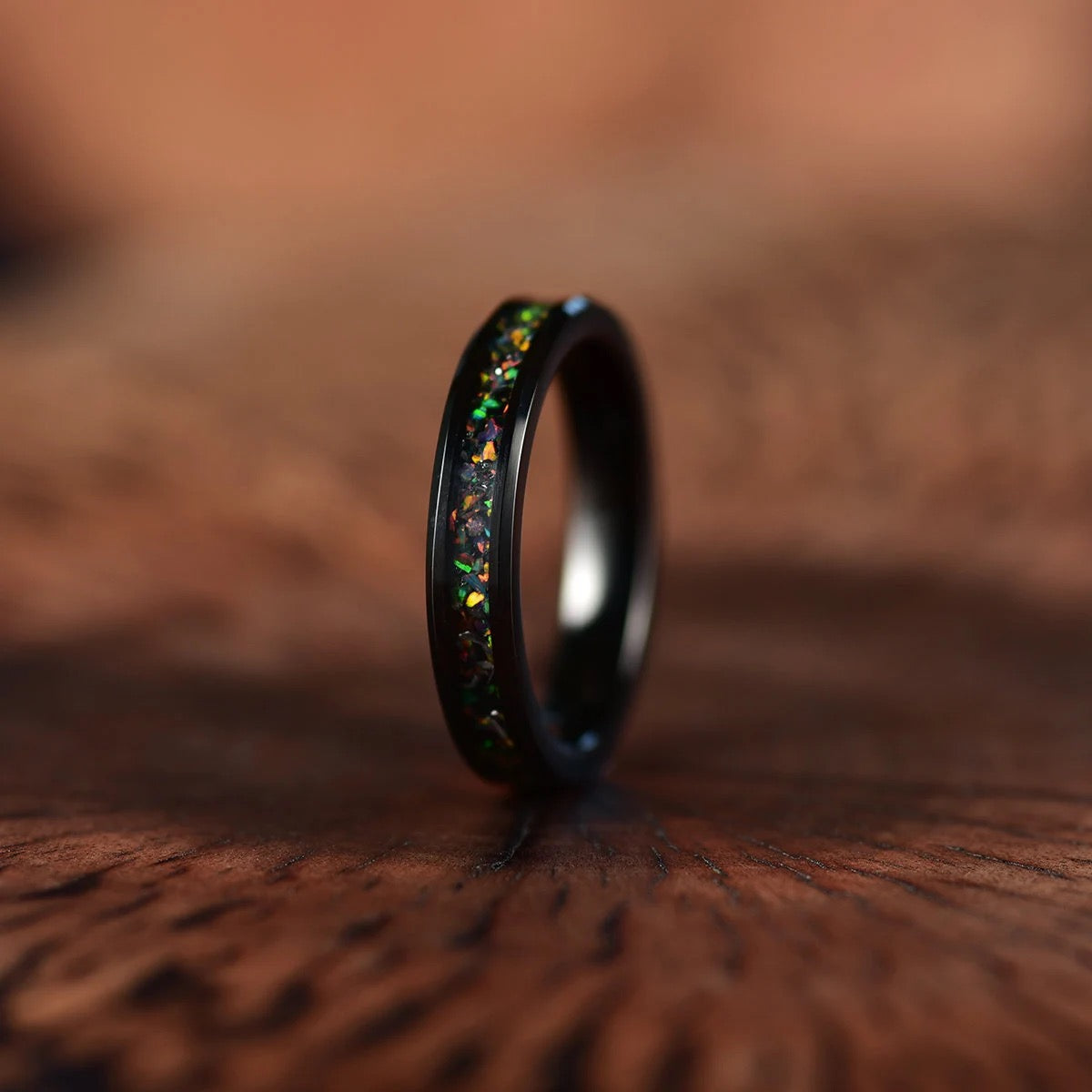 Aurora Flame Ring - Black Tungsten Crushed Opal Men's Wedding Band 8MM