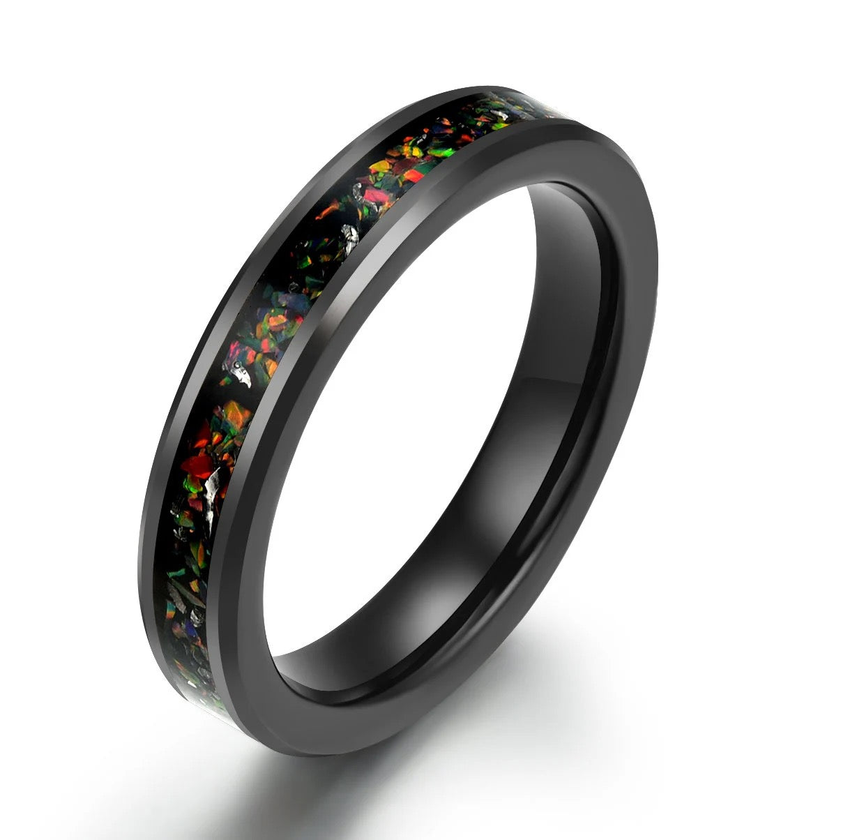 Aurora Flame Ring - Black Tungsten Crushed Opal Men's Wedding Band 8MM