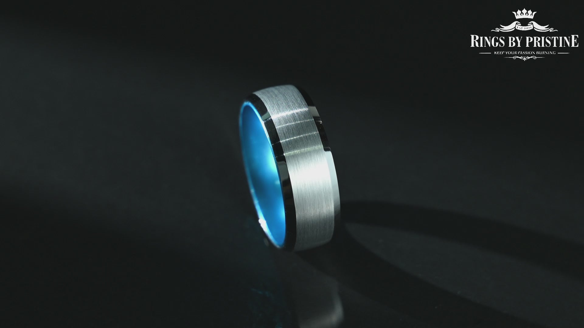 Pristine Passion Blue Interior Silver Tungsten Wedding Band 8MM