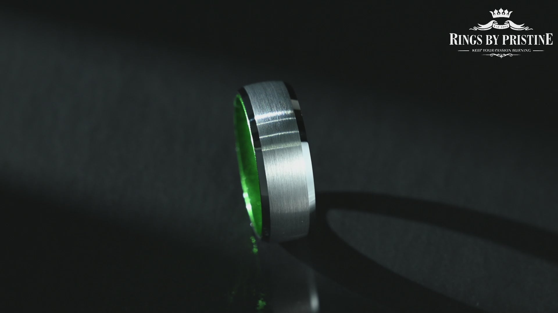 Pristine Passion Green Interior Silver Tungsten Wedding Band 8MM