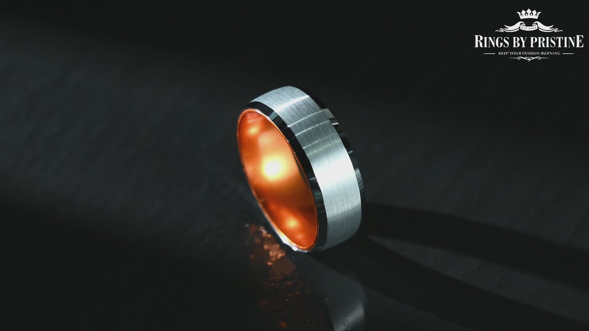 Pristine Passion Orange Interior Silver Tungsten Wedding Band 8MM