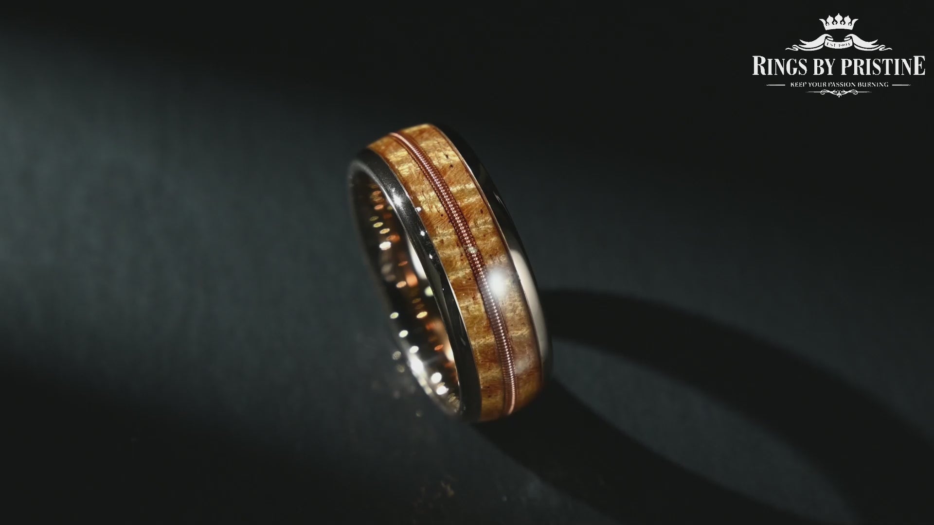 Rose Tungsten Koa Wood Guitar String Inlay Men's Wedding Band 8MM