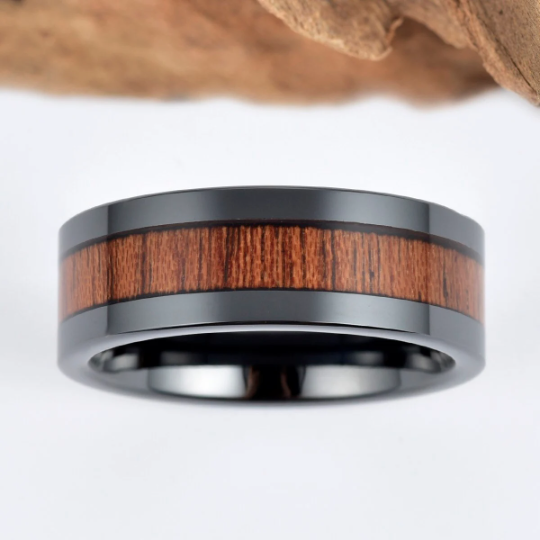 Rose Wood Black Ceramic Wedding Band 8MM - PRISTINE RINGS