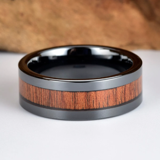 Rose Wood Black Ceramic Wedding Band 8MM - PRISTINE RINGS