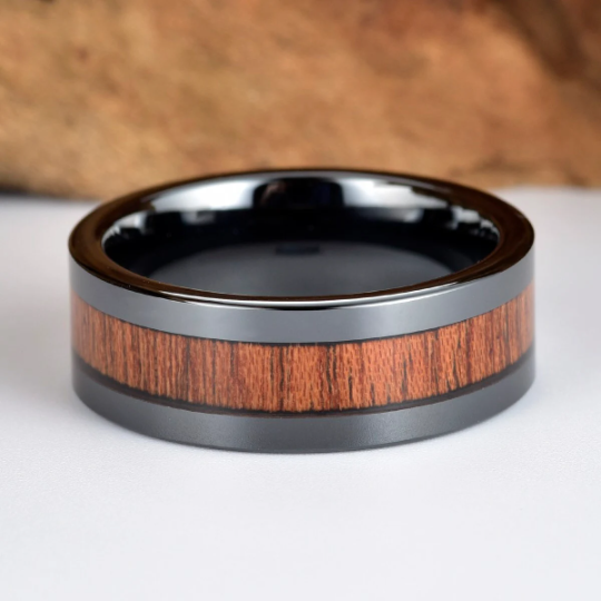 Rose Wood Black Ceramic Wedding Band 8MM