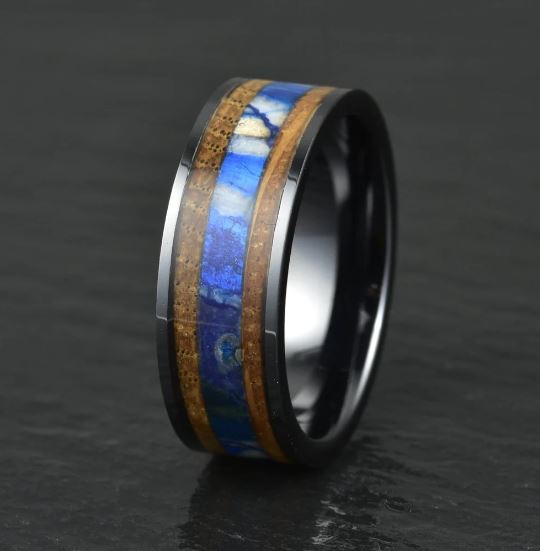 Black Ceramic Whiskey Barrel Mammoth Fossil Men's Wedding Band 8MM