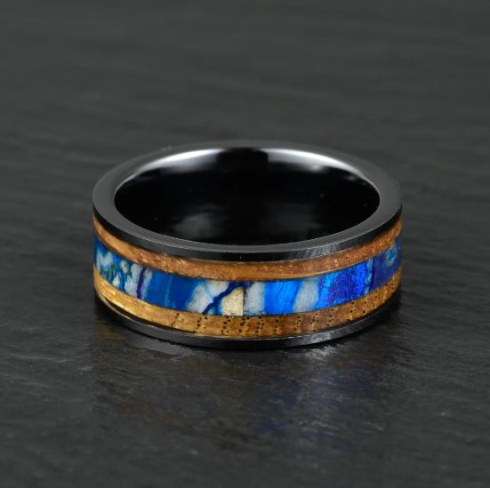 Black Ceramic Whiskey Barrel Mammoth Fossil Men's Wedding Band 8MM - PRISTINE RINGS