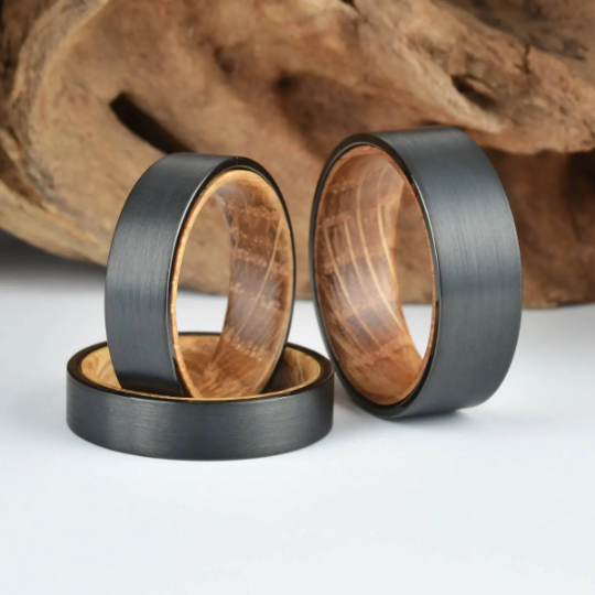 Black Tungsten Whiskey Barrel Inlay Men's Wedding Band 6MM - PRISTINE RINGS