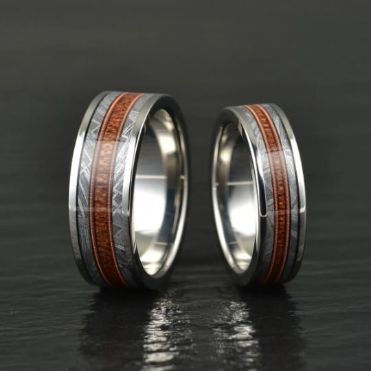 Tungsten Meteorite Whiskey Barrell Guitar String Women's Wedding Band 4MM - PRISTINE RINGS