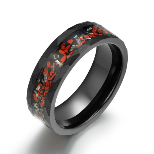 Black Hammered Tungsten Dinosaur Bone and Meteorite Men's Wedding Band 8MM - PRISTINE RINGS