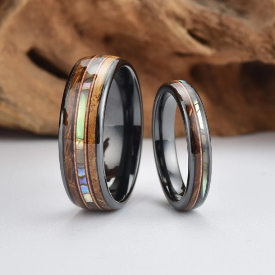 Tungsten Abalone Guitar String Whiskey Barrell Men's Wedding Band 8MM