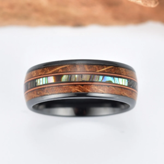 Tungsten Abalone Guitar String Whiskey Barrell Men's Wedding Band 8MM