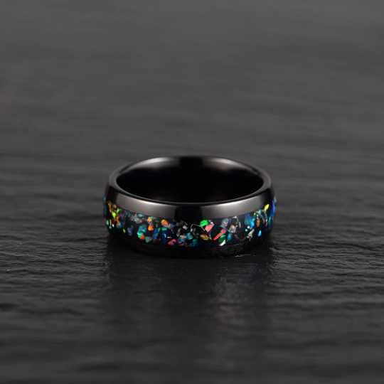 Black Tungsten Crushed Opal Rounded Men's Wedding Band 8MM - PRISTINE RINGS