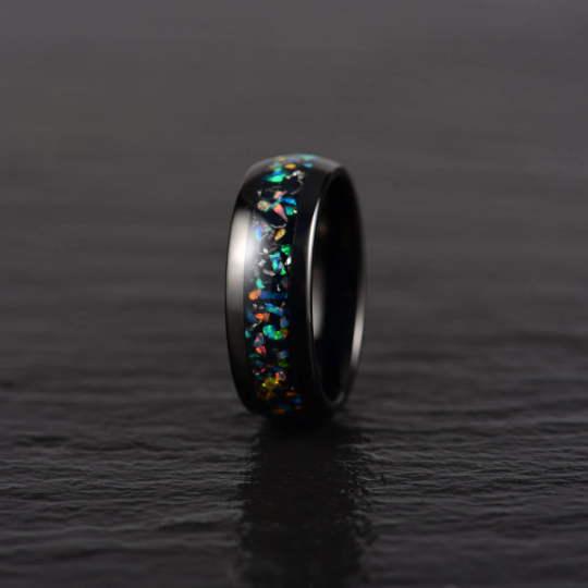 Black Tungsten Crushed Opal Rounded Men's Wedding Band 8MM - PRISTINE RINGS