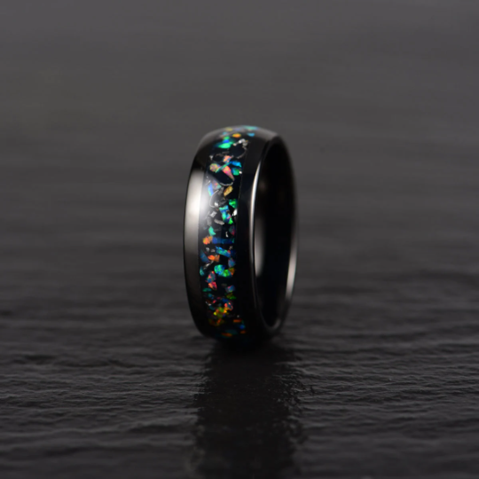 Black Tungsten Crushed Opal Rounded Men's Wedding Band 8MM