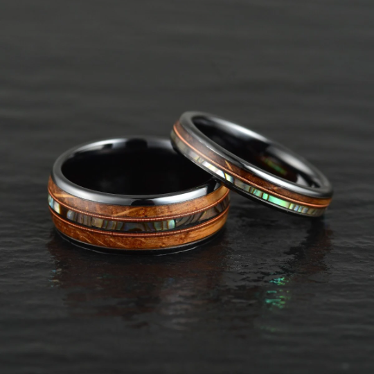 Tungsten Abalone Guitar String Whiskey Barrell Men's Wedding Band 8MM - PRISTINE RINGS