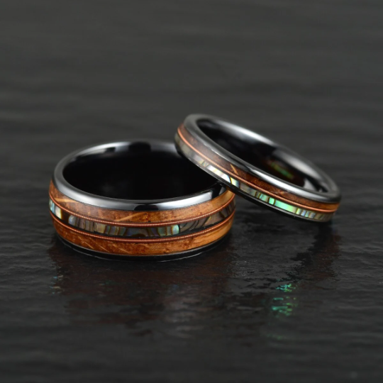 Tungsten Abalone Guitar String Whiskey Barrell Men's Wedding Band 8MM